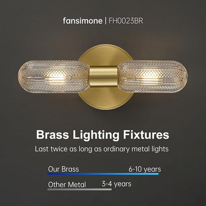 Brushed Brass Wall Sconce, Knurled Double Glass, Bulb Included | 12.3in 2-Light Hardwired Wall Light,Perfect for Bathroom Living Room Vanity Mirror Bedroom Hallway and Entryway