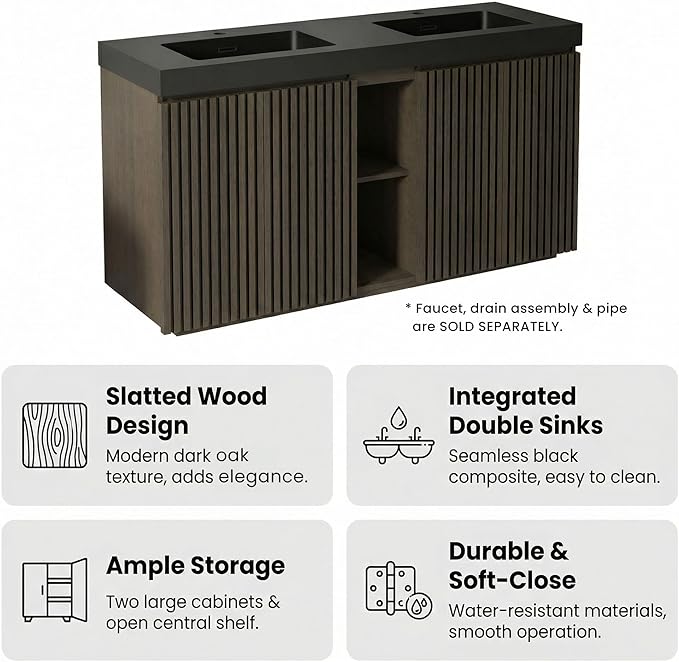 60" Double Bathroom Vanity with Sink Combo, Mid Century Modern Bathroom Cabinet with Doors & Shelves, Black Integrated Sink with Overflow, Smoked Oak