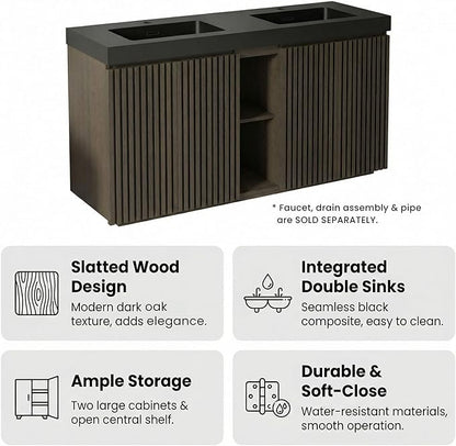 60" Double Bathroom Vanity with Sink Combo, Mid Century Modern Bathroom Cabinet with Doors & Shelves, Black Integrated Sink with Overflow, Smoked Oak