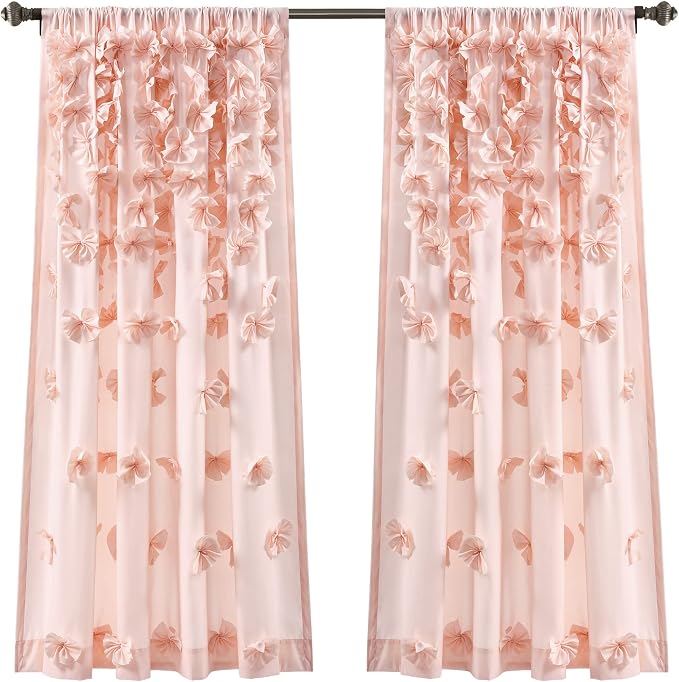 Lush Decor Riley Light Filtering Window Curtain Panel, Single 54" W x 45" L, Blush - Cute Pink Curtains for Bedroom - Bow Decor - Coquette Curtains for Windows