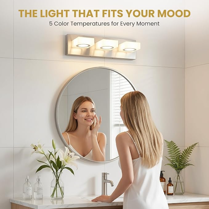 Bathroom Vanity Light, 3-Light 16 Inch Brushed Nickel 5CCT 2700-6500K LED Bathroom Light Fixtures Over Mirror, Vanity Lighting Modern Bath Wall Sconce for Mirror Bedroom Living Room