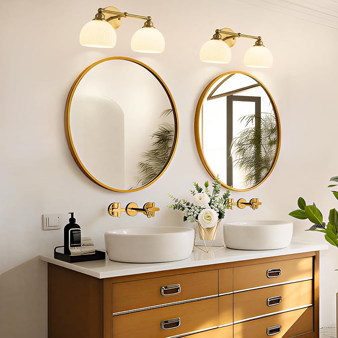 Bathroom Vanity Light Fixtures 2 Light Modern Bathroom Lights over Mirror | Vintage Gold Antique Restroom Light Fixture with Milk White Glass Shade for Bathroom, Bedroom E26 Base