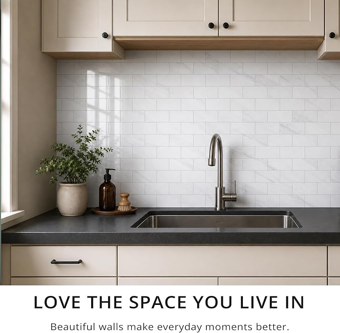 StyloVue 100 Pieces Peel and Stick Backsplash for Kitchen, 3" x 6" PVC Subway Tile, 2026 Upgraded Sparkle White Marble, Stick on Wall Tile for Kitchen, Bathroom, Fireplace, RV