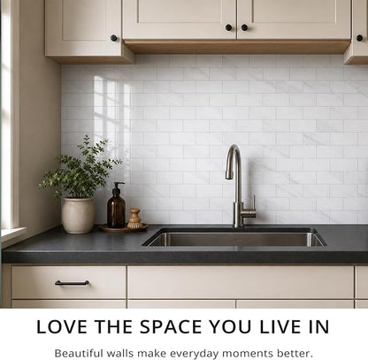StyloVue 100 Pieces Peel and Stick Backsplash for Kitchen, 3" x 6" PVC Subway Tile, 2026 Upgraded Sparkle White Marble, Stick on Wall Tile for Kitchen, Bathroom, Fireplace, RV