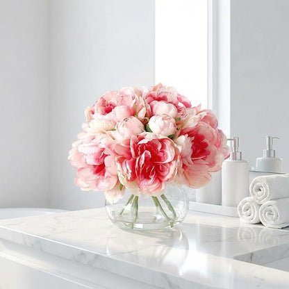 Garvee Artificial Peonies Flowers with Vase, Mixed Pink Silk Peony Bouquet with Faux Water in Glass Vase, Lifelike Fake Peonies Floral Arrangement for Table Centerpiece, Wedding, Home Decor