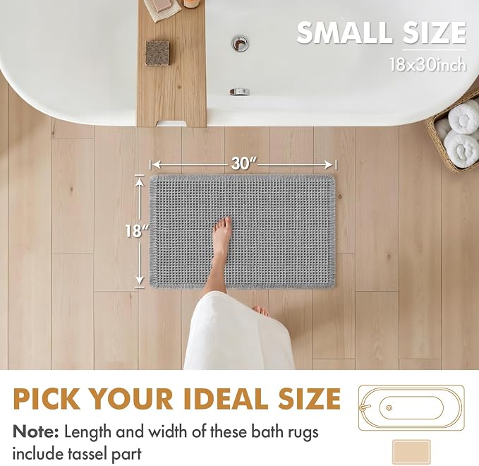 MIULEE Set of 2 Waffle Bathroom Rugs Boho Bath Mat Light Grey 18x30 Inch | Non Slip, Super Absorbent, Washable, Ultra Soft, Rubber Backed Bath Rugs for Bathroom Floor Tub Shower