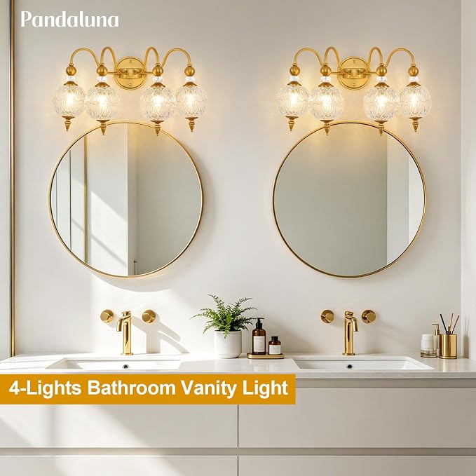 Vintage 4-Light Bathroom Vanity Light Over Mirror, Matte Brass | 22in Wide Farmhouse Bathroom Decor, Ribbed Glass Shades, G9 base, Wall Mounted, Mid Century Wall Sconces Vanity Lighting