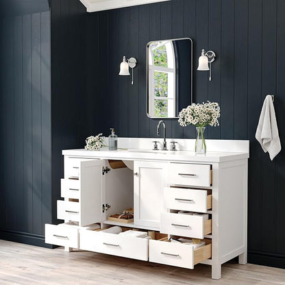 ARIEL Cambridge 60-inch Bathroom Vanity with Sink,Solid Wood, 1.5-inch Pure White Quartz Countertop & Backsplash, Single Oval Porcelain Sink, 2 Soft Closing Doors, 9 Dovetail Drawers, White