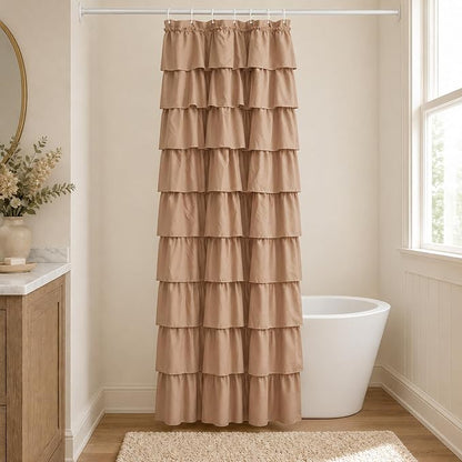 Ruffle Shower Curtain, Light Brown Farmhouse Design for Girl, Elegant Privacy & Cute, Boho Bathroom Decor, Decorative Bath Curtains, Vintage Beige, Modern Country Style, 36 x 72 inches