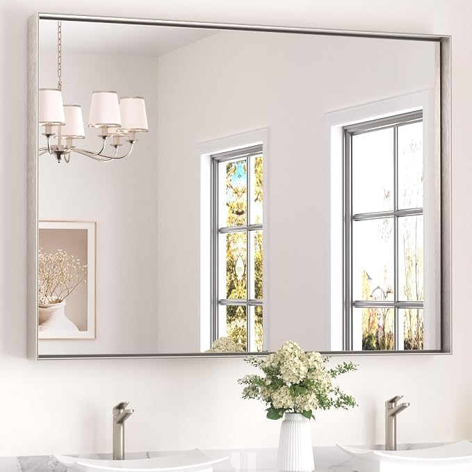 Keonjinn 48x36 Inch Nickel Bathroom Mirror for Over Sink, Rectangular | HD Tempered Glass, Vanity Mirror, Brushed Framed, Square Corner, Modern Farmhouse, Wall Mounted Mirrors, Aluminum Alloy
