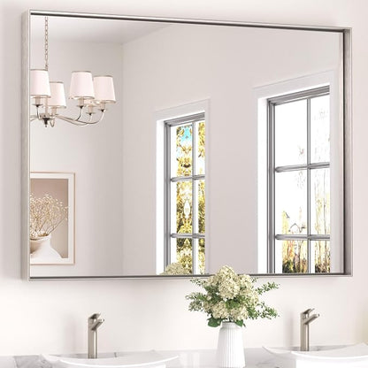 Keonjinn 48x36 Inch Nickel Bathroom Mirror for Over Sink, Rectangular | HD Tempered Glass, Vanity Mirror, Brushed Framed, Square Corner, Modern Farmhouse, Wall Mounted Mirrors, Aluminum Alloy