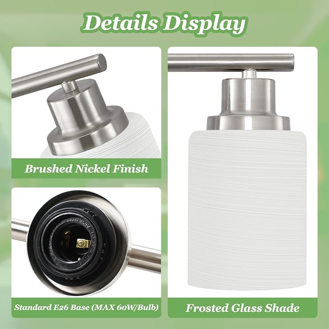 Brushed Nickel Bathroom Light Fixtures, 3-Light Vanity Lights | Vanity Lights for Mirror with Textured Milky White Glass Shade, E26 Base Modern Kitchen Light Fixtures Wall Sconce Light