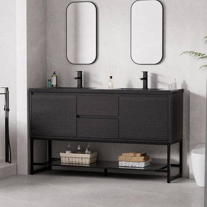 LUCKWIND 60" Modern Bathroom Vanity with Dual Black Sink Combo, Freestanding Storage Cabinet with Metal Frame, Water-Saving Faucet and Open Shelf and 2 Soft-Closing Door, Black