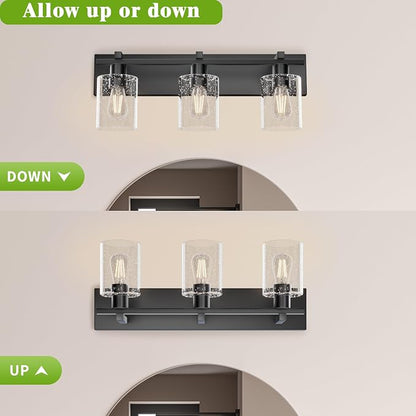 3-Light 21inch Black Vanity Light, Thickened Seeded Glass Shade | Over Mirror for Bathroom, Rust Resistant, E26 Base, Easy Install, Removable Glass Shade Horizontal Mount, Dimmable