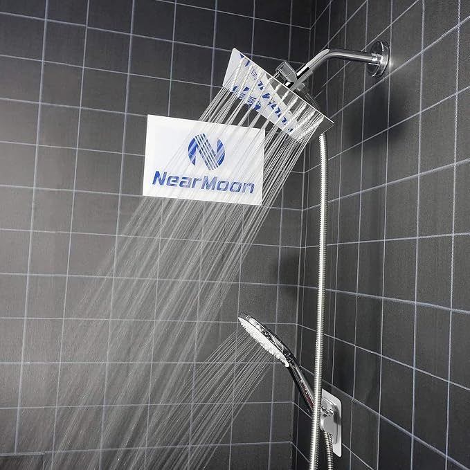 NearMoon Shower Head with Hose, High Pressure Stainless Steel Rain Shower and 3 Settings Handheld Spray Combo with Push Button Flow Control (8 Inch, Chrome Finish)