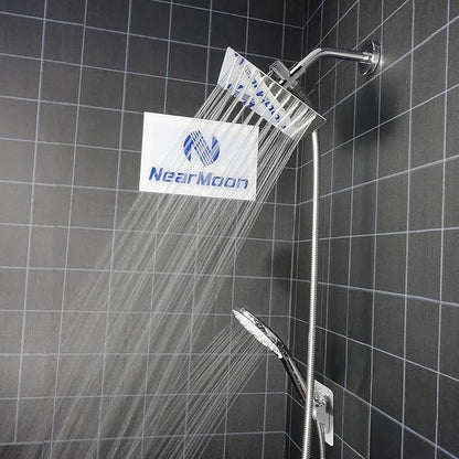 NearMoon Shower Head with Hose, High Pressure Stainless Steel Rain Shower and 3 Settings Handheld Spray Combo with Push Button Flow Control (8 Inch, Chrome Finish)