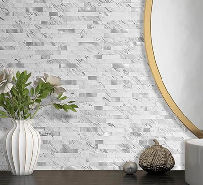 DICOFUN 10 Sheets Marble Look Peel and Stick Backsplash Wall Tile, PVC Kitchen Backsplash Peel and Stick in White, 9.4 sq.ft