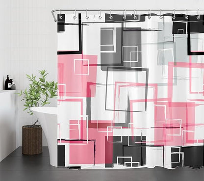 Pink and White Geometric Modern Shower Curtain for Bathroom Decor,Black and Grey Abstract Striped Shower Curtain with Hooks Mid Century Minimalist Bathroom Shower Curtain Set,72L X 72W inches