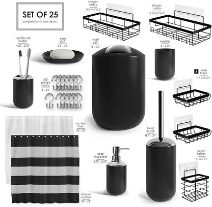 Clara Clark Bathroom Accessories Set - Bathroom Set with Adhesive Corner Shower Caddy Hanging, 25PC Bathroom Accessory Set, Black Shower Curtain Set, Toilet Brush, Trash Can & Soap Dispenser