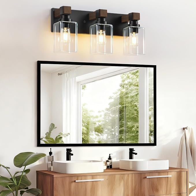 Farmhouse Black 3-Light Bathroom Vanity Light, Square Glass Shade | Vintage Rustic Design, Wood Grain Finish, Matte Black Metal, Wall Mount Over Mirror Lighting Fixtures for Bathroom Restroom