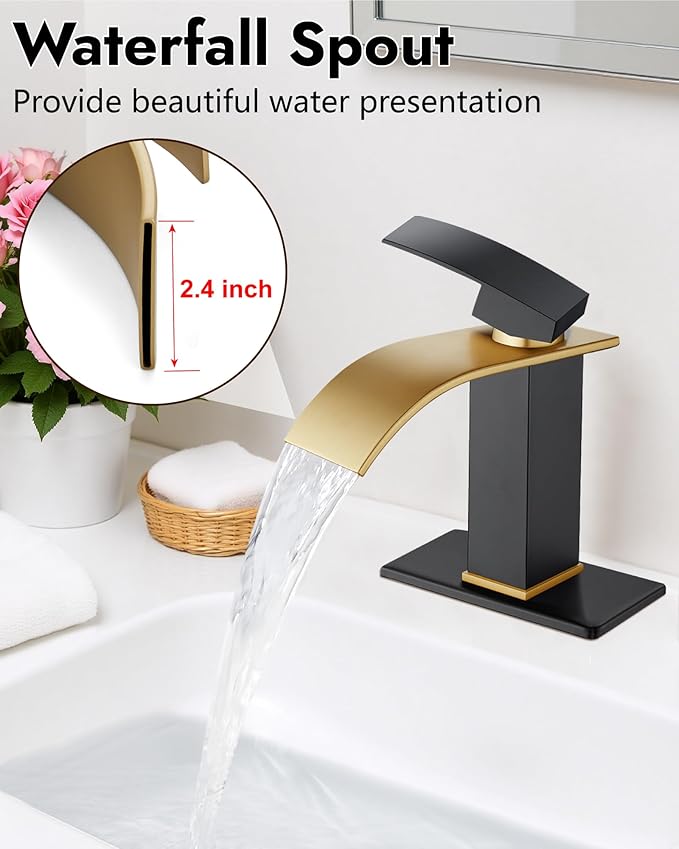 Midanya Bathroom Faucet with Waterfall Spout, Single Hole or 3-Hole Deck Mount, 304 Stainless Steel Sink Faucet with Pop-Up Drain, RV Vanity Compatible,Brushed Gold Spout/Matte Black