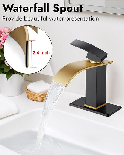 Midanya Bathroom Faucet with Waterfall Spout, Single Hole or 3-Hole Deck Mount, 304 Stainless Steel Sink Faucet with Pop-Up Drain, RV Vanity Compatible,Brushed Gold Spout/Matte Black