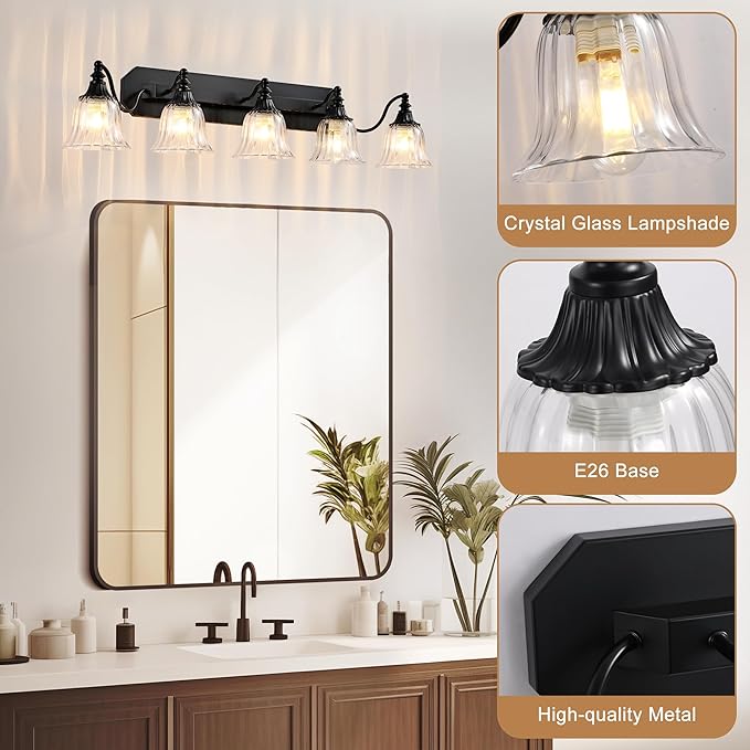 Black Vintage Bathroom Vanity Light Fixture, 5-Light Vanity Light for Bathroom, Antique Matte Black Finish with Crystal Glass Shade, Lighting Fixtures Over Mirror for Bedroom Living Room