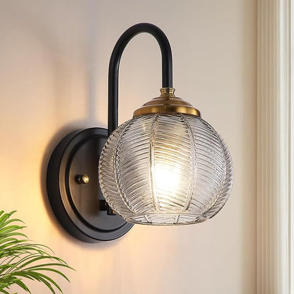Mecgirn Bathroom Vanity Light Fixtures, 1-Light Smoky Gray Glass Shade, Modern Black and Gold Wall Sconce, Unique Textured Leaf Pattern, Ceramic E26 Sockets Wall Mounted for Mirror, Cabinet, Hallway