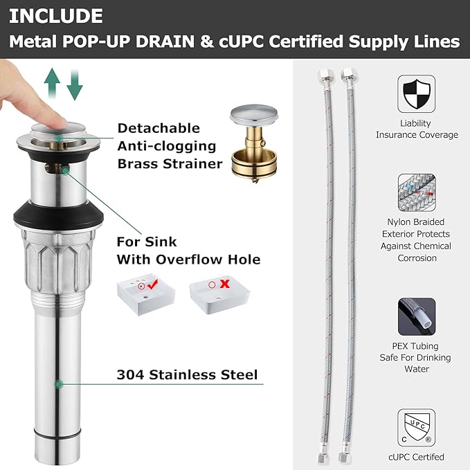 PARLOS Waterfall Widespread Bathroom Faucet 2 Handles with Metal Pop Up Drain & cUPC Faucet Supply Lines, Brushed Nickel, Demeter 1431802