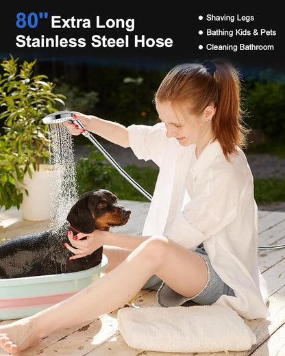 FASDUNT Shower Head with Handheld, High Pressure Showerhead with Long Hose | 80" Extra Long Stainless Steel Hose & Adjustable Bracket, Shower Heads with ON/OFF Switch for Pets Bath, Chrome