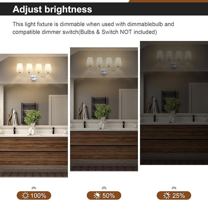 Bathroom Vanity Light, Brushed Nickel Bathroom Light Fixtures, 4-Light Lighting Fixtures Over Mirror, Modern Wall Sconce with Flared White Fabric Shade, E26 Socket(ETL Listed)