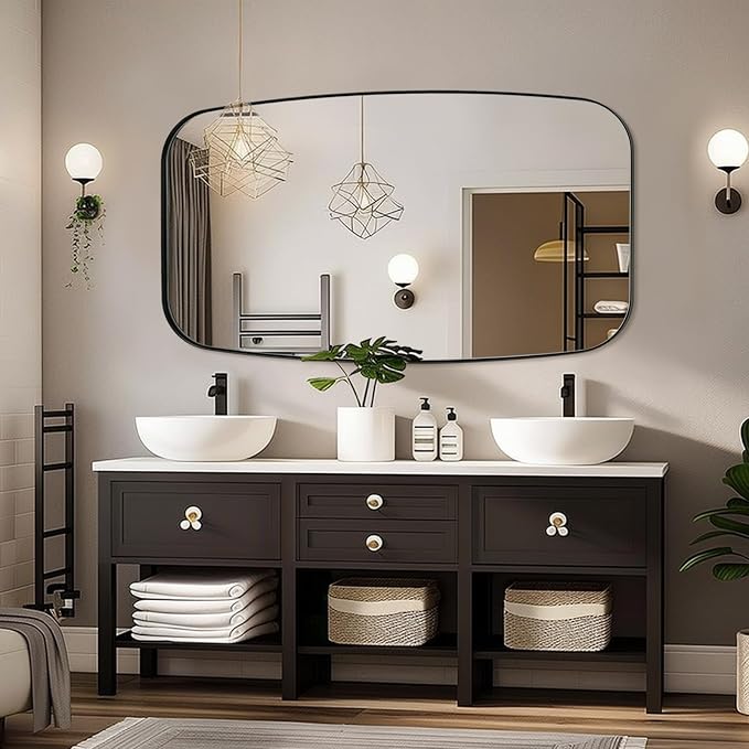 32x48 Black Bathroom Mirror, Oblong Vanity Mirror with Stainless Steel Metal Frame, Matte Black Oval Mirror for Over Sink, Modern Anti Rust Wall Mounted