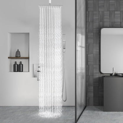 Aolemi Ceiling Mount Shower System Rain Shower Head with Handheld Spray High Pressure Shower Faucet Set Rough-in Valve Shower Trim Kit Included Bathroom Polish Chrome 12 Inch Ceiling Shower Head