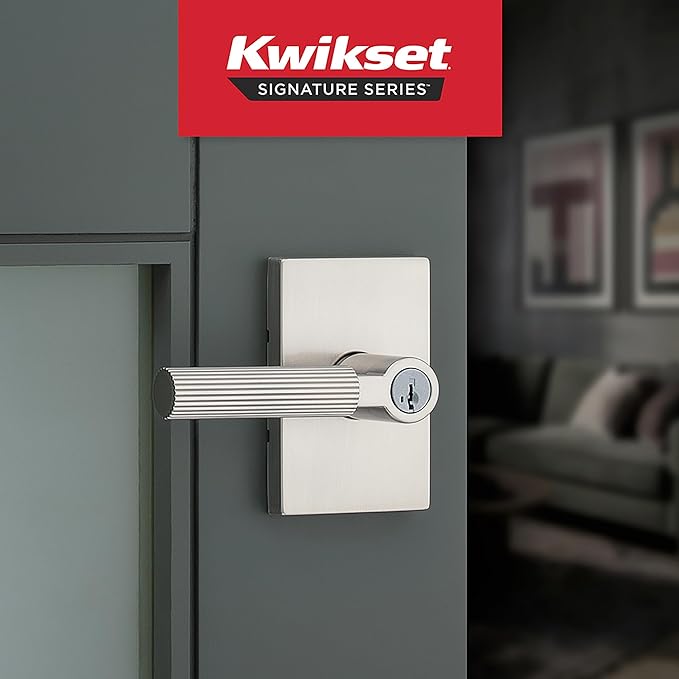 Kwikset Mirada Reeded Entry Door Handle with Lock and Key, Secure Keyed Reversible Lever Exterior, Door Lock for Front Door, Satin Nickel, Pick Resistant SmartKey Security and Microban