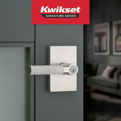 Kwikset Mirada Reeded Entry Door Handle with Lock and Key, Secure Keyed Reversible Lever Exterior, Door Lock for Front Door, Satin Nickel, Pick Resistant SmartKey Security and Microban
