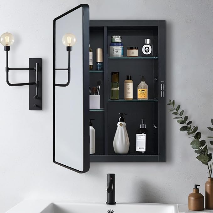 Black Medicine Cabinet 24x30 inch, Bathroom Mirror with Storage, Recessed or Wall Mounted Farmhouse Cabinets, Metal Framed Adjustable Shelves, One Door Open Left or Right