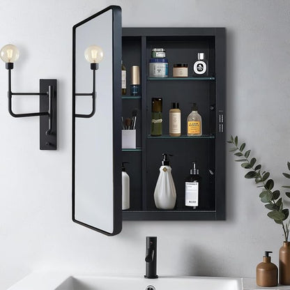 Black Medicine Cabinet 24x30 inch, Bathroom Mirror with Storage, Recessed or Wall Mounted Farmhouse Cabinets, Metal Framed Adjustable Shelves, One Door Open Left or Right
