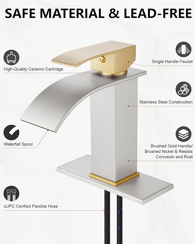 Midanya Bathroom Faucet with Waterfall Spout, Single Hole or 3-Hole Deck Mount, 304 Stainless Steel Sink Faucet with Pop-Up Drain, RV Vanity Compatible,Brushed Gold Handle/Brushed Nickel