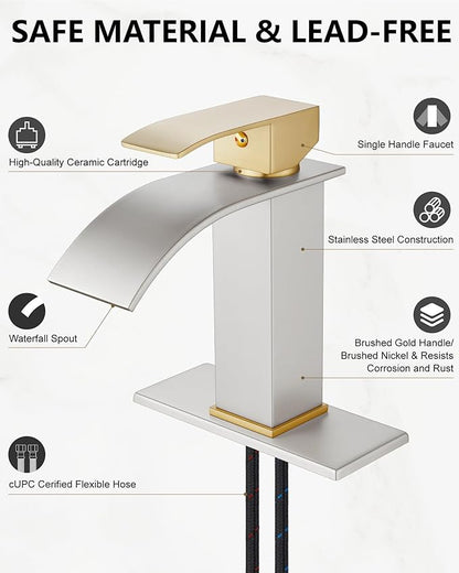 Midanya Bathroom Faucet with Waterfall Spout, Single Hole or 3-Hole Deck Mount, 304 Stainless Steel Sink Faucet with Pop-Up Drain, RV Vanity Compatible,Brushed Gold Handle/Brushed Nickel