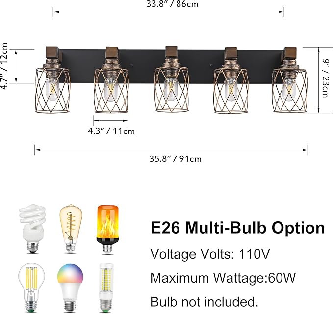 5-Light Black Gold Farmhouse Vanity Light, Wood & Metal Cage Shade | Mounted Over Mirror, Industrial Rustic Style, Ideal for Bathroom, Bedroom, Hallway & Living Room, Easy To Install