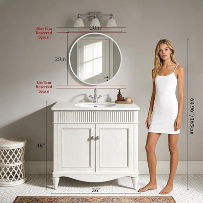 Round Wood Mirror 28 inch Circle Wall Mirror for Bathroom Round Wall Mirror for Wall Decor, Vanity, Entryway Living Room (White)