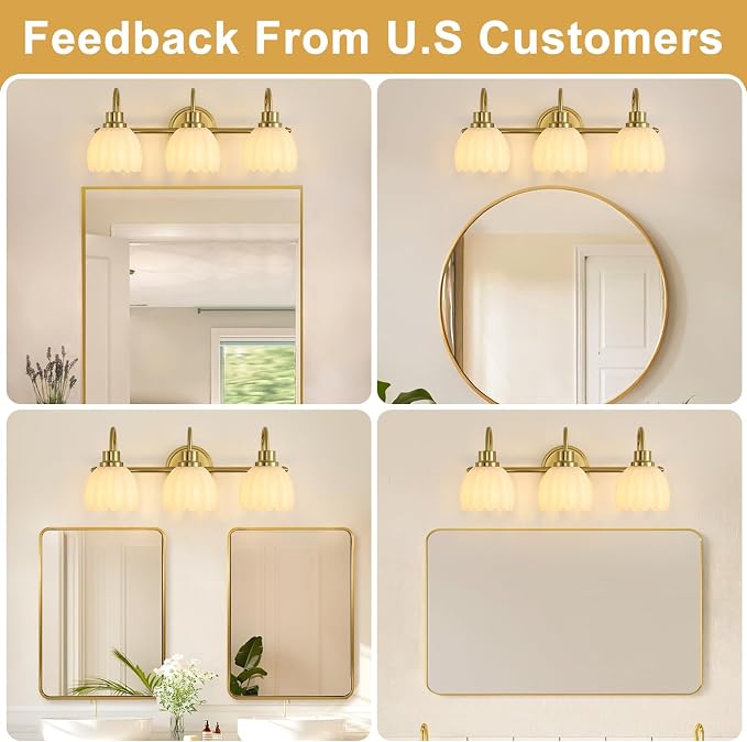 Bathroom Light Fixtures (3-Light, 20 Inch), Brushed Gold Vanity Lights for Bathroom with Ribbed Milk Tulip Glass Shade, Vintage Vanity Wall Lights for Mirror Bedroom Living Room Hallway