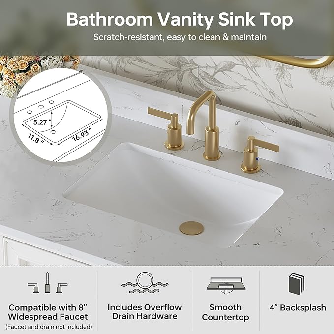 48 Inch Bathroom Vanity with Sink, Fully Assembled Solid Wood Bathroom Vanities with Engineered Stone Top, 48 Inch Modern Vanity, 2 Soft Closing Doors & 4 Dovetail Drawers, White