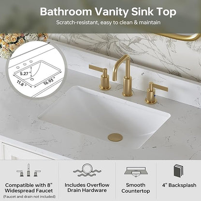48 Inch Bathroom Vanity with Sink, Fully Assembled Solid Wood Bathroom Vanities with Engineered Stone Top, 48 Inch Modern Vanity, 2 Soft Closing Doors & 4 Dovetail Drawers, White