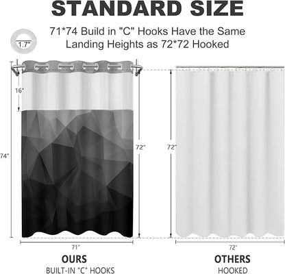No Hook Shower Curtain with Snap in Liner Set, Black, 71x74 | Waterproof Fabric for Bathroom, Modern Hotel Style Ombre Design, Mesh Top Window, Machine Washable, Quick Install