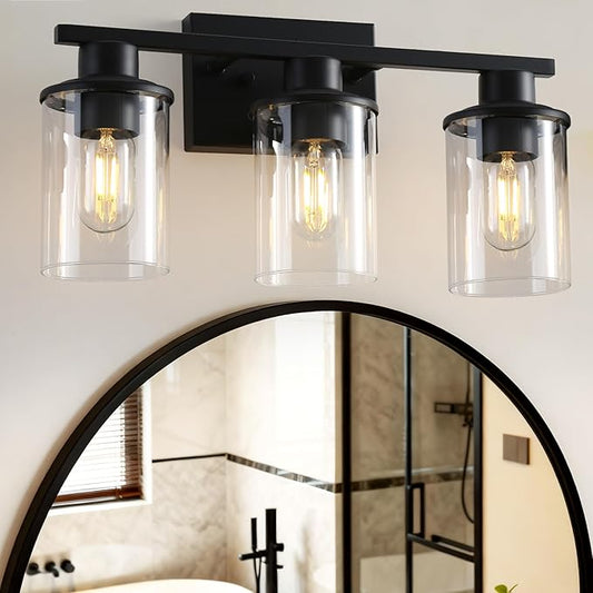 LOUSACE 3-Light Bathroom Light Fixtures, 17.3" Black Modern Vanity Lights with Clear Glass Shade, Bathroom Wall Lamp for Mirror Living Room Hallway Cabinet Porch, E26 Base