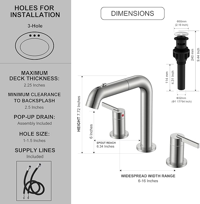 KENES Widespread Bathroom Faucet with Sprayer, Brushed Nickel Bathroom Sink Faucet with Pull Down Sprayer, 8 Inch 3 Hole Pull Out Bathroom Faucet with Pop Up Drain & Supply Lines LJ-9058A