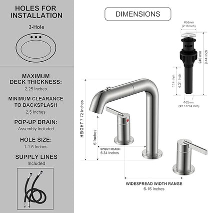 KENES Widespread Bathroom Faucet with Sprayer, Brushed Nickel Bathroom Sink Faucet with Pull Down Sprayer, 8 Inch 3 Hole Pull Out Bathroom Faucet with Pop Up Drain & Supply Lines LJ-9058A