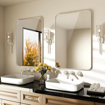 2-Pack Brushed Nickel Bathroom Mirror for Over Sink, 24" x 36" Framed Rectargular Wall-Mounted Bathroom Mirrors for Vanity, Decorative, Farmhouse, Restroom, Horizontally or Vertically Hanging
