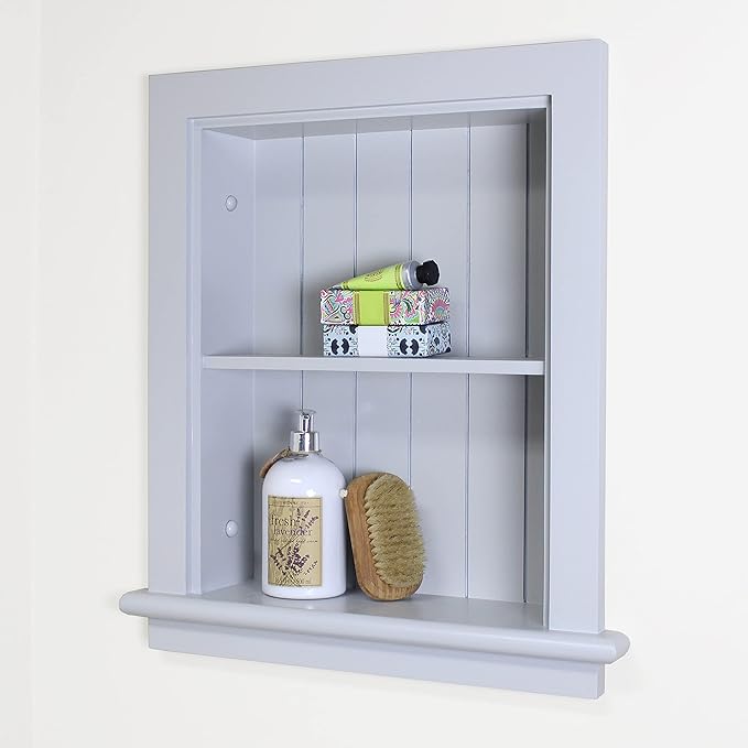 Fox Hollow Furnishings 14x18 Aiden Recessed Wall Niche Medicine Cabinet Replacement, in The Wall Bathroom Cabinet Insert Shelf/Shelves, Made in North America, Real Wood, NO MDF, Beadboard, Light Gray